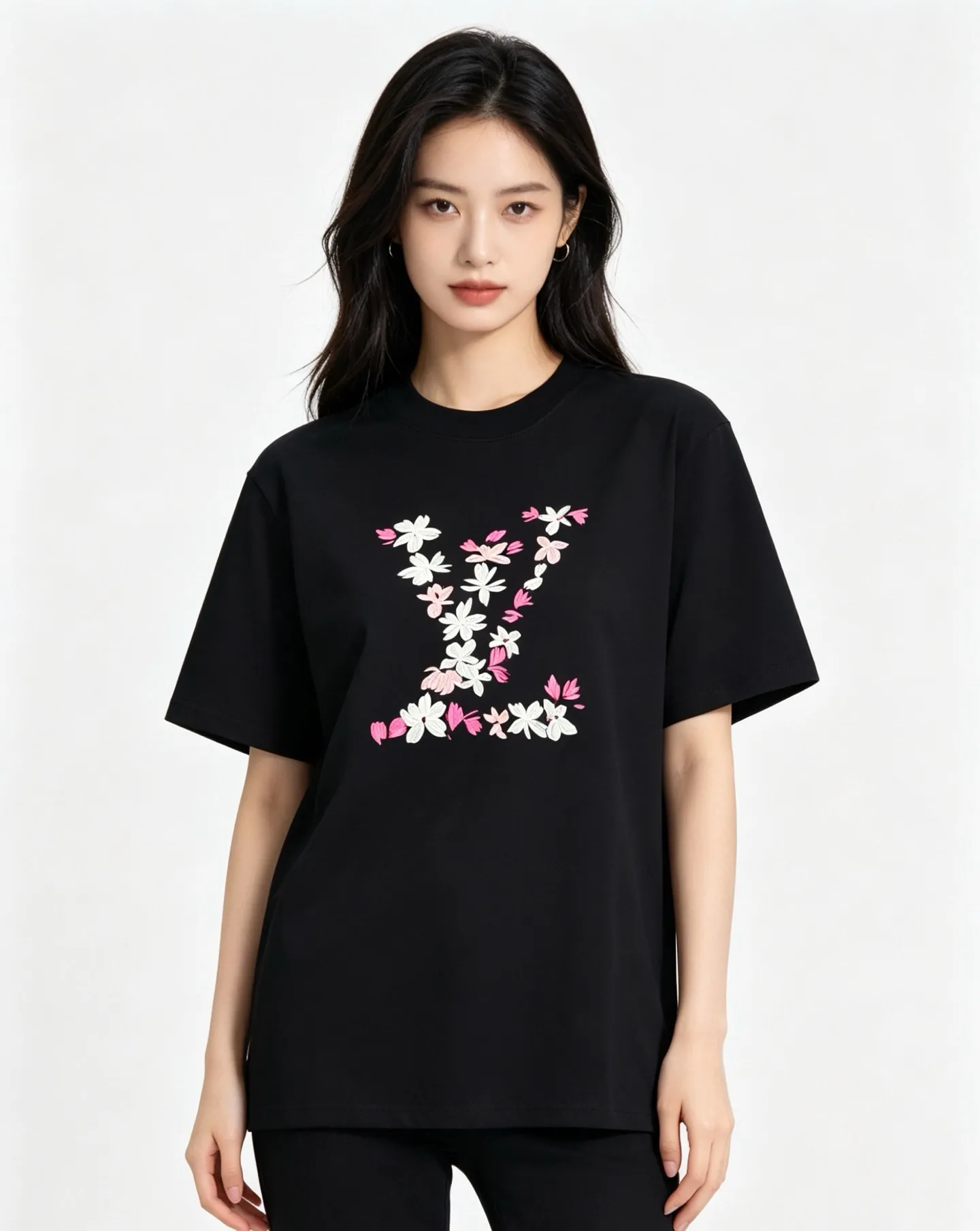 Louis Vuitton/Louis Vuitton 26ss cherry blossom embroidered LV logo short sleeves